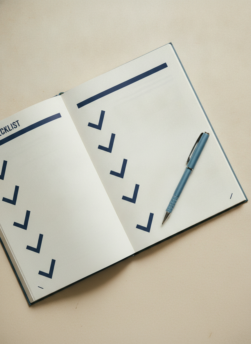 Aufgeschlagene, sauber gesetzte Steuer-Checkliste für Existenzgründer auf einem Papierton-Hintergrund.