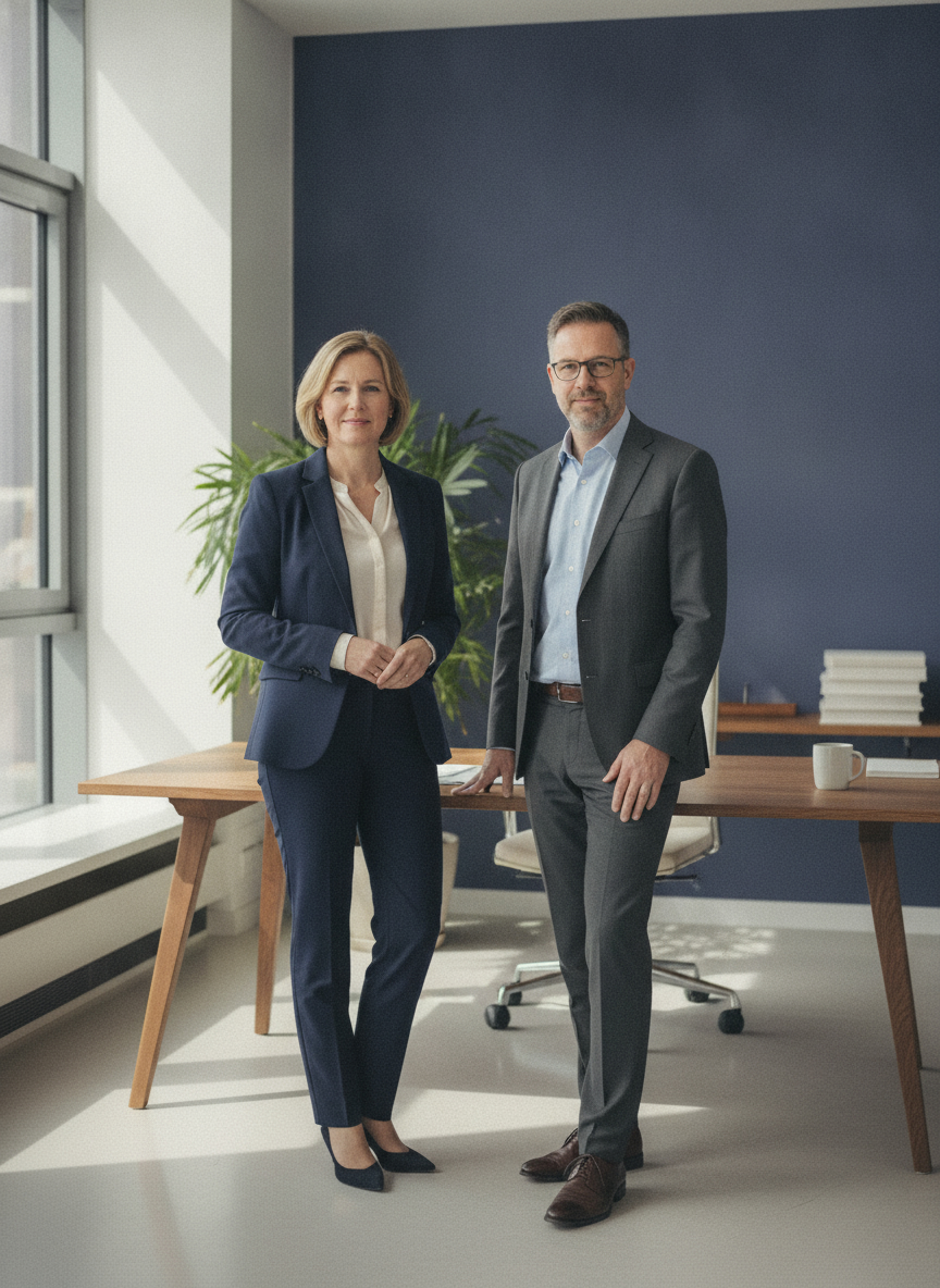 Steuerberaterin und Steuerberater von Hellbach & Rother stehen zugewandt nebeneinander an einem aufgeräumten Schreibtisch in hellem Büro.